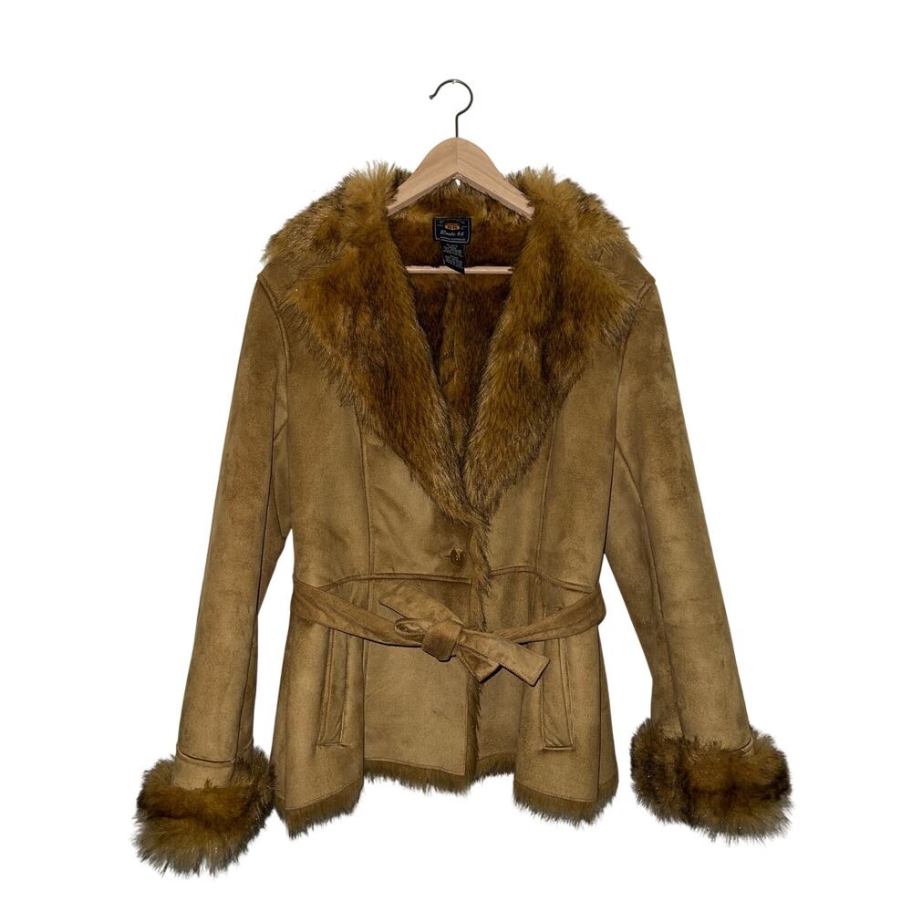 VINTAGE | Y2K Route 66 Belted Penny Lane Carmel Tan Brown Faux Shearling Coat